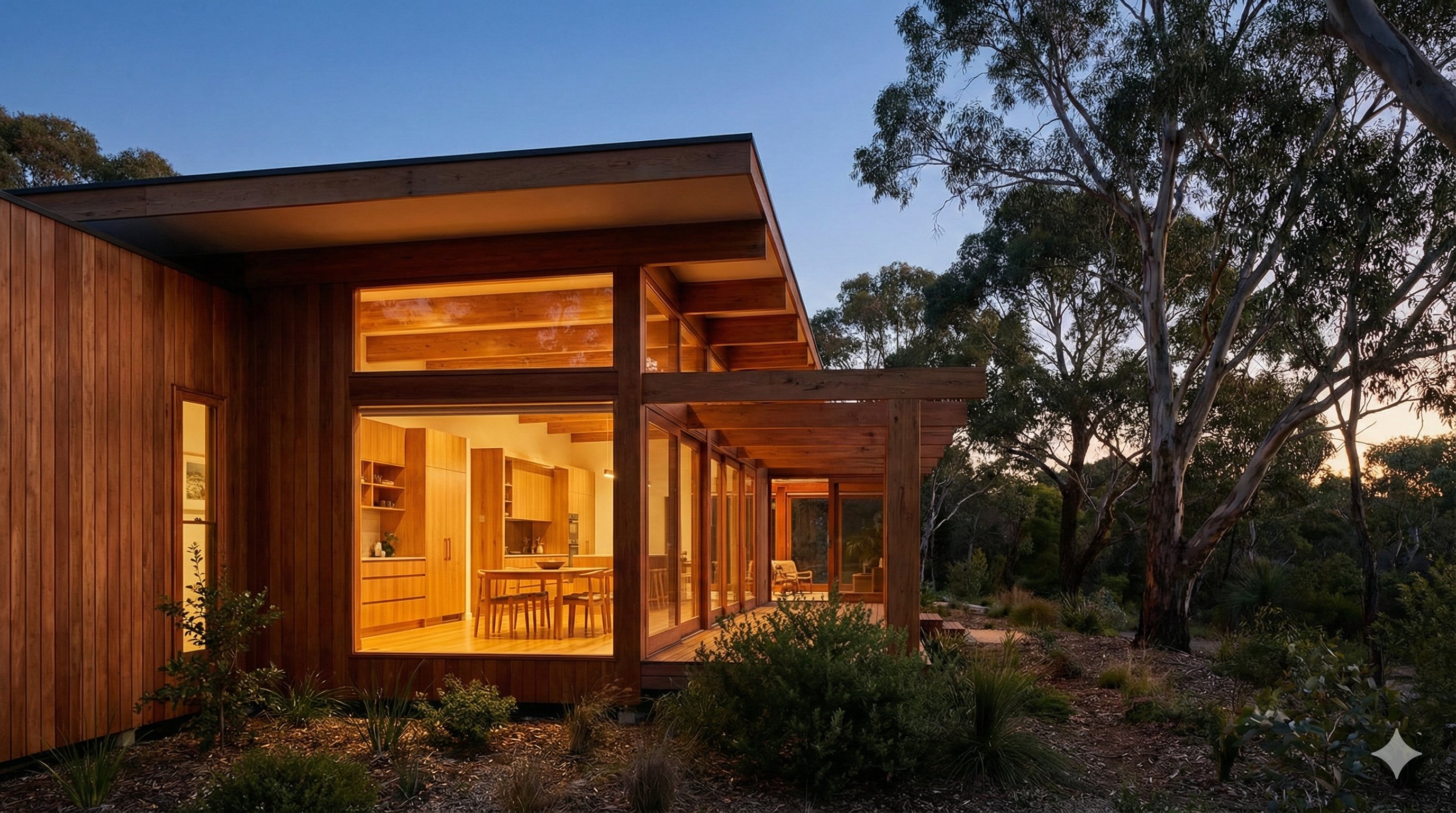 Custom Australian home featuring expert timber craftsmanship — hardwood cladding and exposed beams at twilight